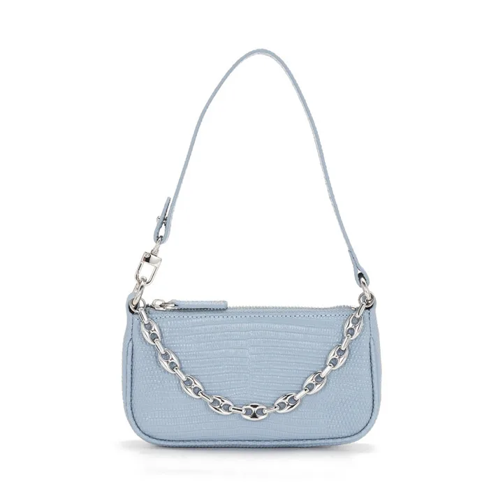 BY FAR Mini Rachel Sky Blue Lizard Embossed Leather Bag