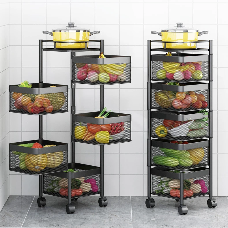 
5-уровневая многофункциональная напольная тележка, вращающаяся на 360 градусов, кухонная полка для хранения, полка для хранения фруктов и овощей 