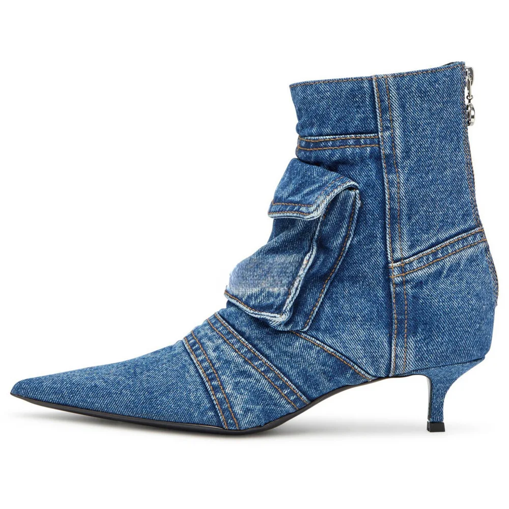 Denim Pockets Ankle Boots Low Heels Dress Stiletto Women Jeans Back Zipper  Shoes Retro Styles Short Booties