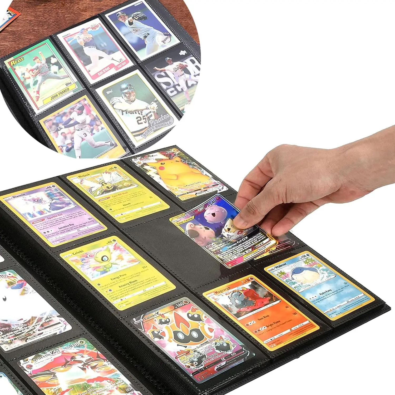 600 card binder BYSTER A4 Business Book, PU Leather Organizer with 30 Pack Sleeves (600 Pockets), Business Card for Credit Cards, Membership Cards, and More Zipper keeps keys secure and prevents them from falling out Comes with 3 base units plus 42 snap Waterproof Trading Card Binder -