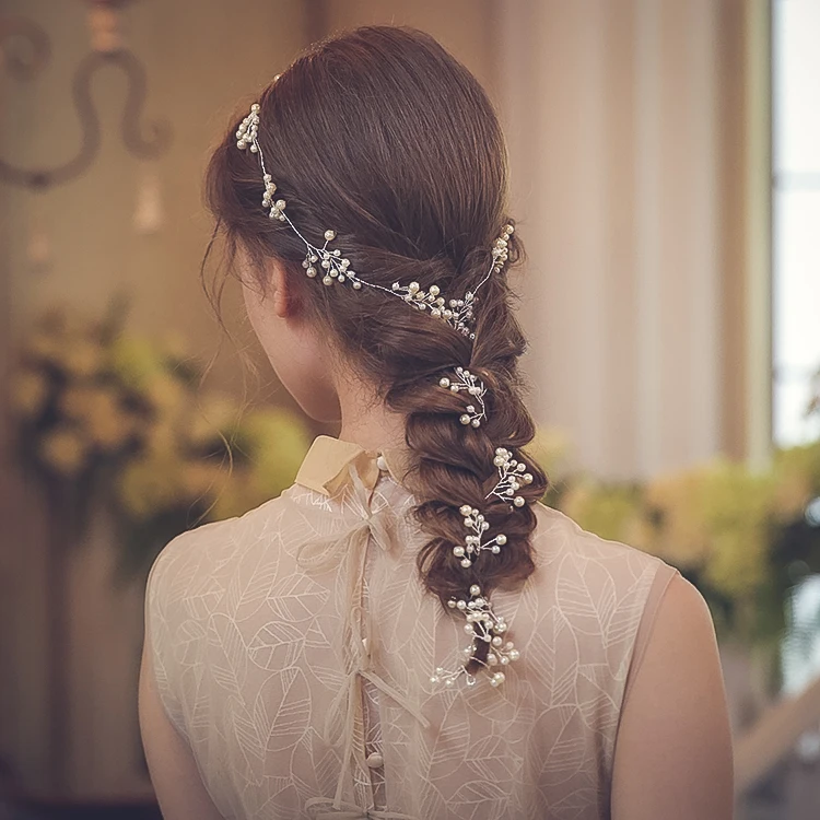 Wedding Hair Vine Accessories Bridal Crystal Pearl Headband Long Chain Headpiece 