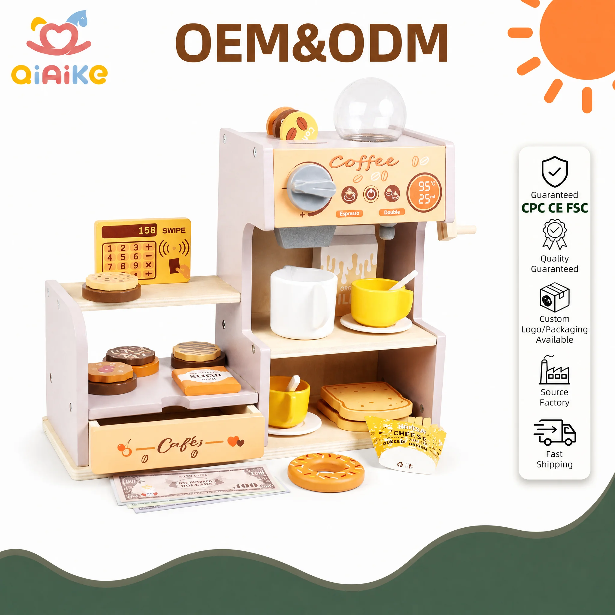 Set Mainan Pura-Pura Toko Kopi Kayu untuk Anak – Dilengkapi Kasir dan Aksesori Makanan, Mainan Peran untuk Rumah, Prasekolah, dan Kelas