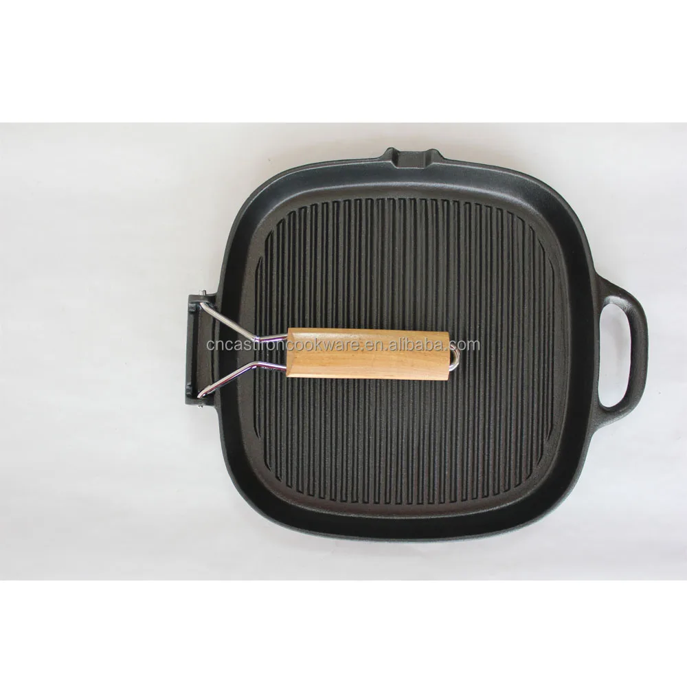 Cast Iron Preseasoned Square Griddle Grill Pan With Folding Wooden