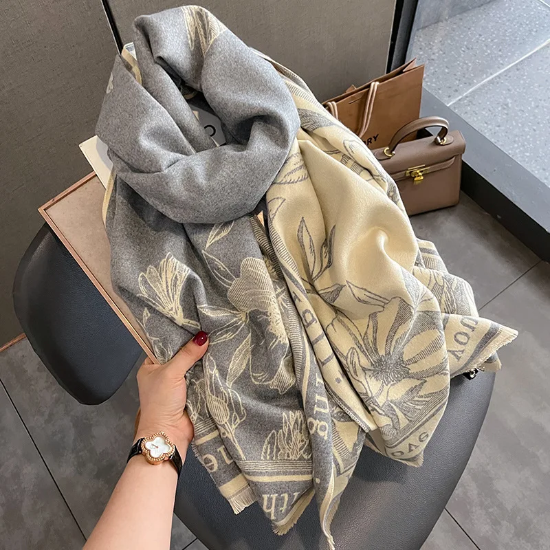 Wholesale 2023 Newest Custom Flowers Pattern Female Outerwear Scarves Winter Cashmere Scarf for Women Pashmina Blanket Shawls
