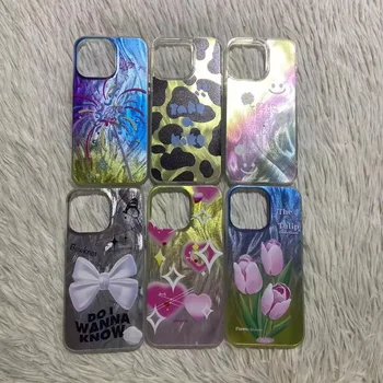 For iPhone 15 TPU Tulip Flower Pattern IMD Glitter Phone Cover For Samsung A05S Luxury Bowknot Pattern Bling Phone Case