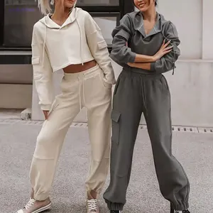 Custom Tracksuits Heavyweight Cotton French Terry Vintage Solid Color Crop Top Hoodie Joggers Women Hoodie and Sweatpants Set