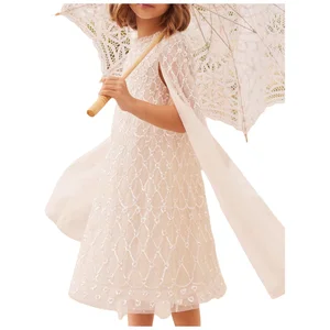 Girls Kids Sequined Capelet Sleeveless O-Neck Knee - Length Evening Dress Children's Sheer Flared Layered Gown