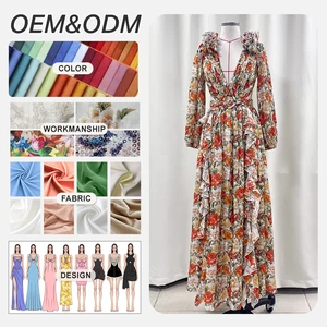 Custom Lady Elegant Casual Puff Printed Dress for Women Fashion Ladies Pleated Dresses Summer Female Party Evening Maxi Clothing