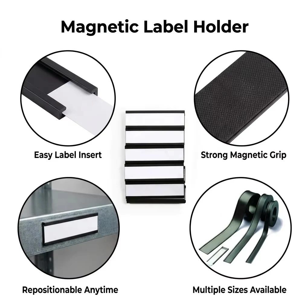 Magnetic shelf label strip on rack