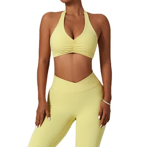 New Fitness Sportswear Womens Gym Clothing Dropshipping Premium Yoga Set V Neck Halter Sports Bra V Cut Leggings Set