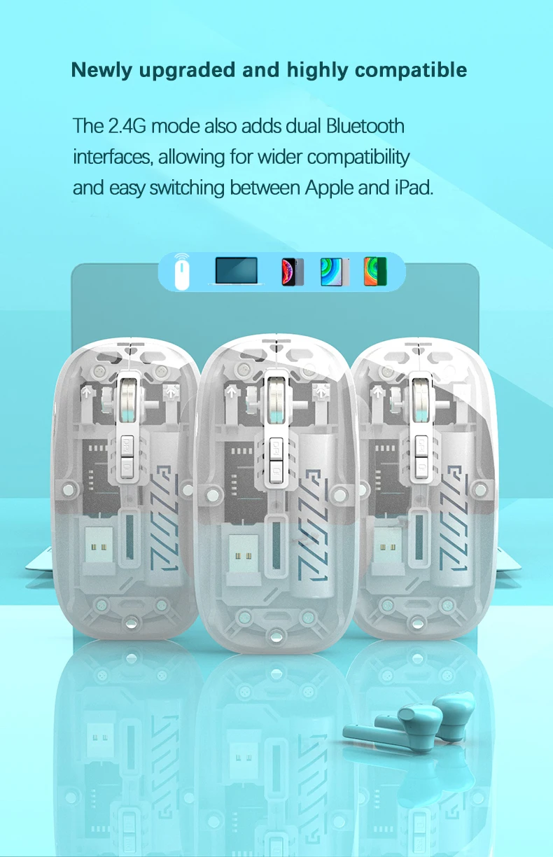 Silent Wireless Mouse Rechargeable Transparent Mouse Computer 18650 Wireless Mouse with Rechargeable Battery