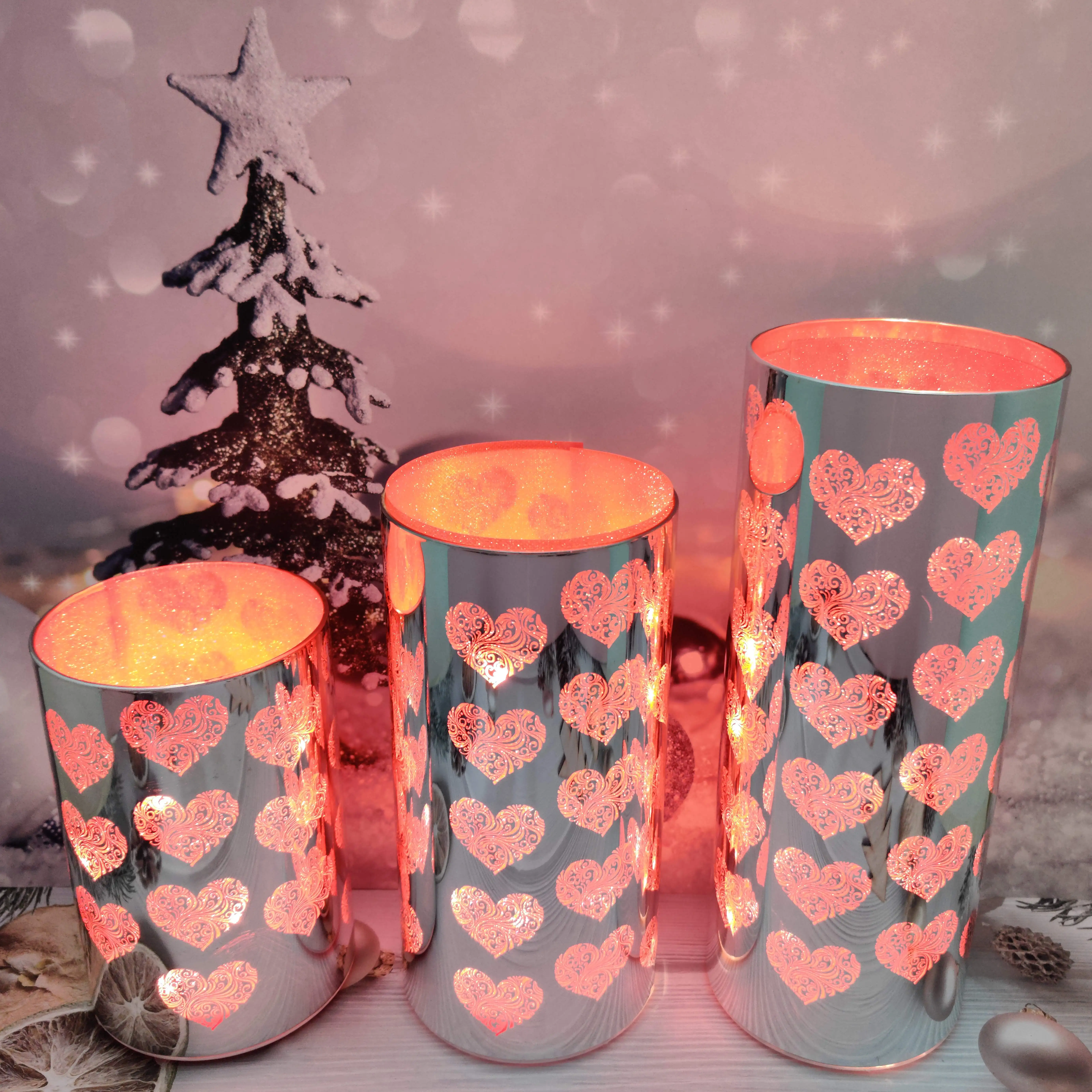 Battery operated led light up glass Christmas cylinder hurricane table decoration setting ideas manufacture