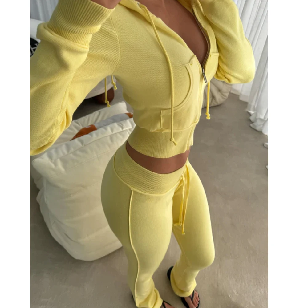 Finch Garment Blanks Y2k Flared Stack Jogging Tracksuit Girls Cropped Slim Fit Hoodie Set Skinny Distressed Sweatsuit Women