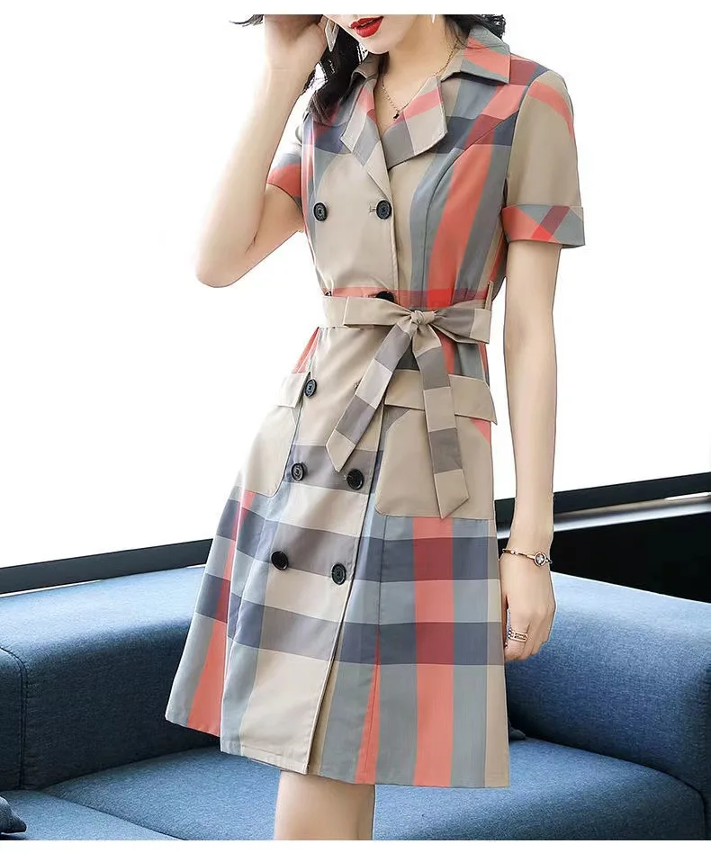 Wholesale Fashion Elegant A-Line Plaid Long Sleeve Dress Women Casual  Cotton Plaid Print Belted Dress Women
