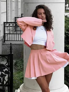 Cross-border Streetwear Suit Skirt Set 2026 Spring/Summer Style Regular Fit Notch Lapel Long Sleeves Ultra-Short Solid Polyester