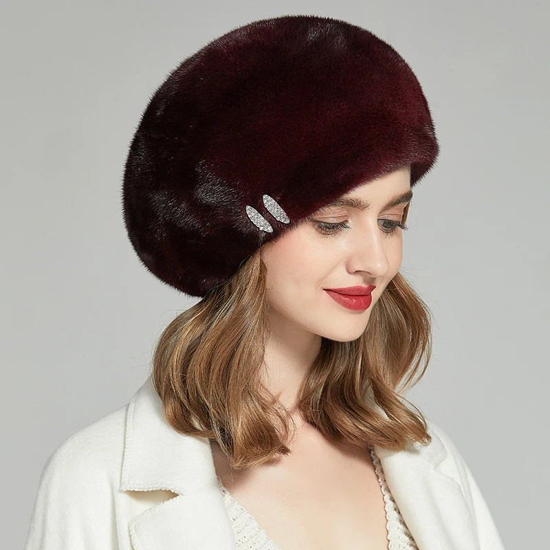 2924 Beret Hat For Women Mink Fur Hats With Lining Real French Faux Fur Beret Winter Furry Beret Hats Fluffy Fuzzy Warm  main image 2