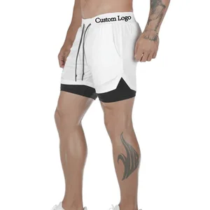 Custom Logo Print Running Breathable Men 2 in 1 Layers Sports Workout High Waist Gym Shorts Tower Holder Pocket Training Wear