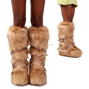 BUSY GIRL HS9282 Women's Winter Fur Boots Khaki Knee-High Furry Boots Rivet Buckle Warm Customizable Winter Boots for Women