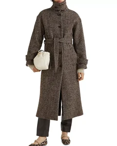 Custom Herringbone Vintage  Wool Coat with Belt Ladies Autumn/Winter Coat Women's Long Loose Coat