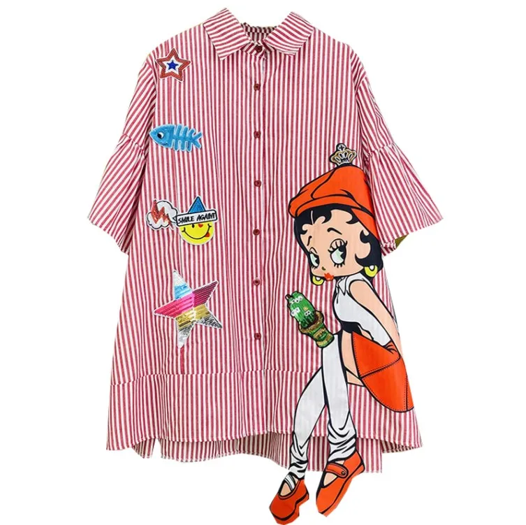 Oversized Blusas Mujer Women's Spring Summer Sequins Cute Girl Patched  Striped Blouse Mid-length Loose Short Sleeve Shirts - Buy Striped Shirt  Women,Summer Blouses,Short Sleeve Shirt Women Product on Alibaba.com
