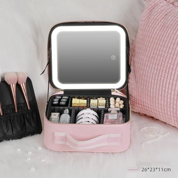 Manufacture Hot Sale Led Light Mirror large capacity desktop beauty makeup tool kits Case Portable professional PU storage organ