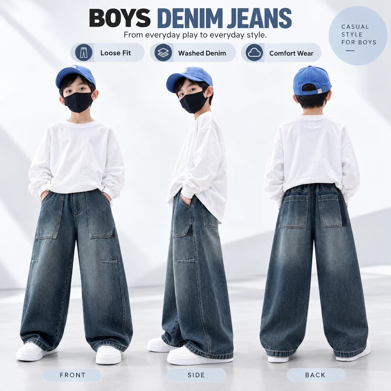 4-14Y Boy and Teenage High Waist Wide Leg Baggy Denim Pants Streetwear Denim Loose Fit Jeans Trousers for Young Boy