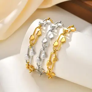 Hot Sale Heart-shaped 18k Gold Plated Jewelry Bracelets Stainless Steel Women Heart Paper Clip Chain Bracelets