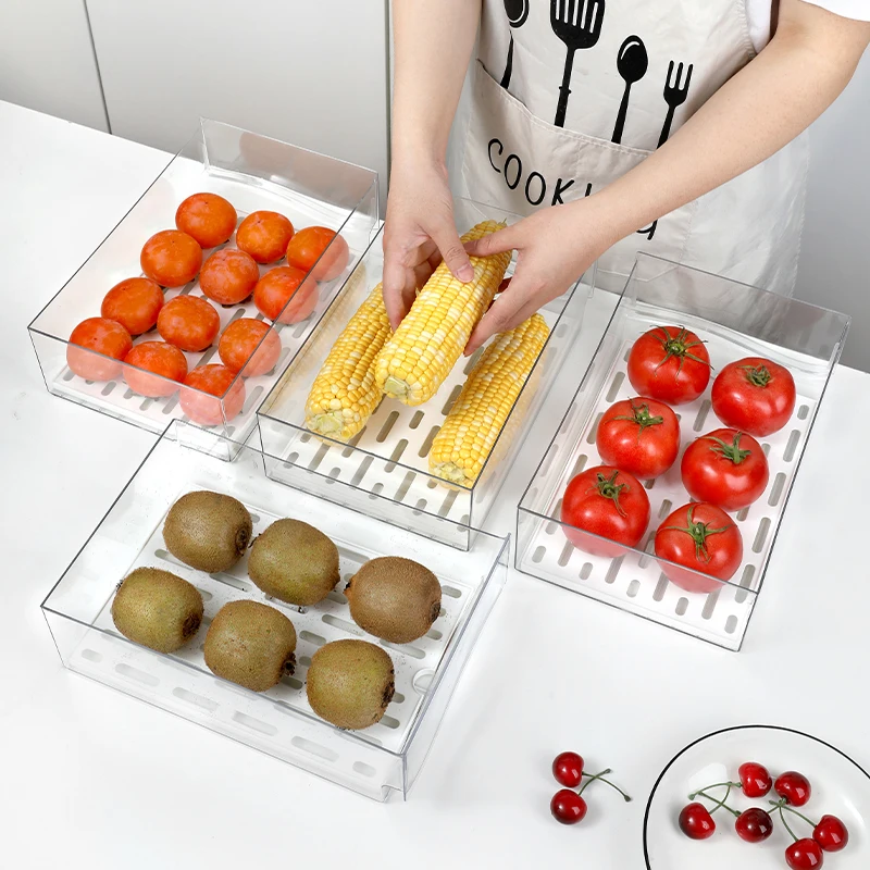 Fridge Drawer Reusable Food Storage Container Stackable Refrigerator Organizer Bins with Drain Board Air Hole