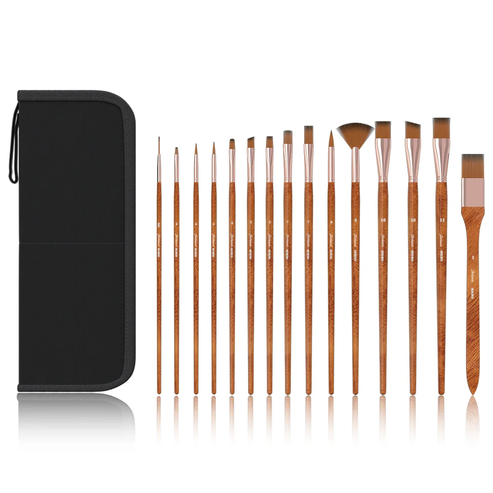 Professional 15 Pieces Nylon Wool Hair Wooden Handle Artist Drawing Paint Brushes Set for Acrylic Watercolor Gouache Oil