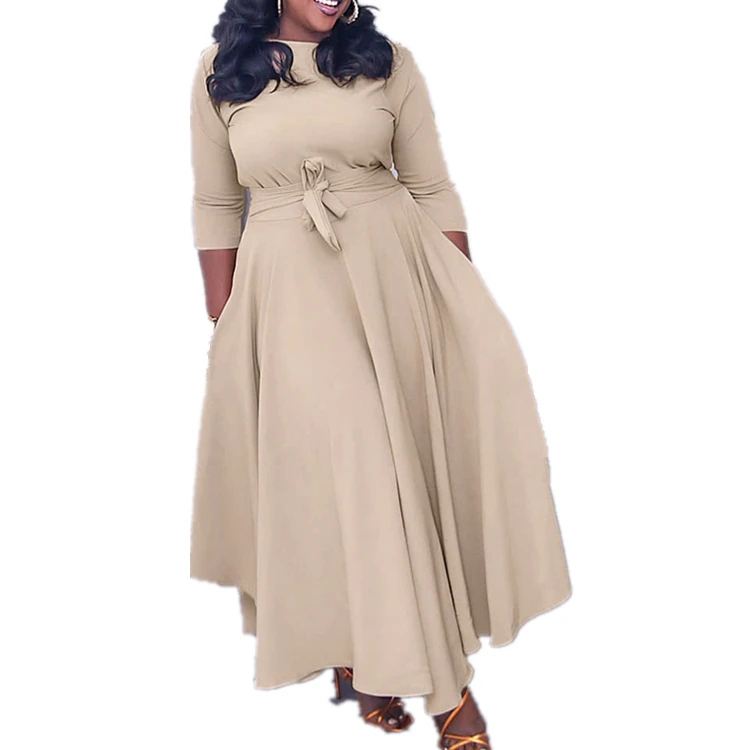 New Arrival Spring Fall African Ladies Midi Loose Church Dress Women Elegant Long Dresses Solid Color A-line Vestidos Plus Sizes