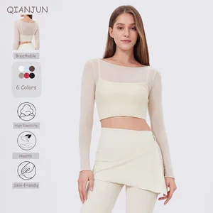 Customized Women Pilates Gym Wear Top Long Sleeve Crop Tops 2 in 1 Mesh Casual Outdoor Exercise Wear Gym Top