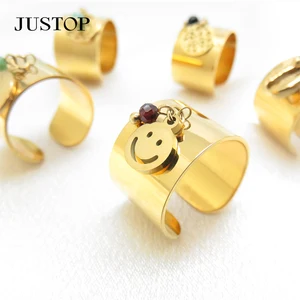 Custom Fashion Jewelry Emoticon Ring 18K Gold Plated Stainless Steel Open Beads Face Geometric Pendant Ring