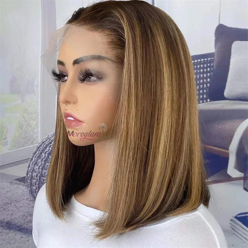Perruque Bob en cheveux humains raides 13x4 avec dentelle frontale brésilienne courte ombrée_voghion.com