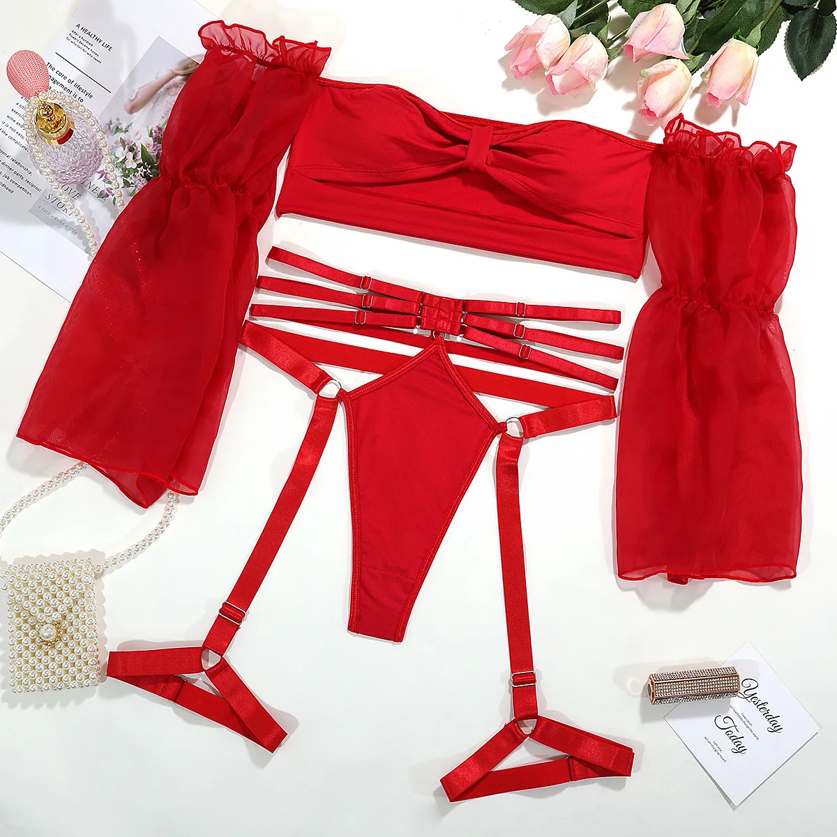 Sex Hot Red Mesh Lingerie Erotic See Through Underwear Suit Strappy Garter See Through Bikini