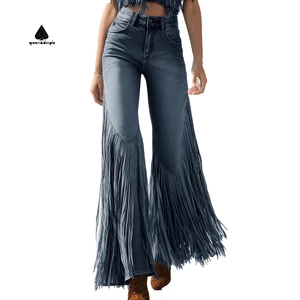 Custom Fringe Women's Casual Streetwear Denim Jeans Pant Pour Femmes High Waist Y2k Ladies Slim Fit Flared Jeans Trousers