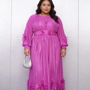 Plus Size Women Yellow Pleated Maxi Dress Long Sleeve 3D Flower Decor Belted Elegant Dress for Fat Ladies