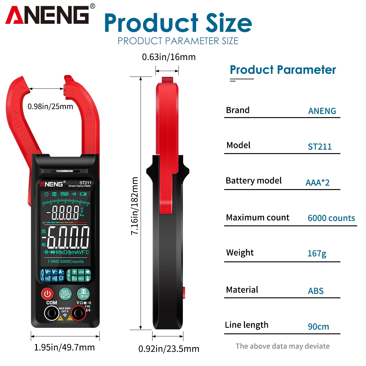 ANENG ST211 Digital Clamp Meter Multimeter 6000 Counts AC DC Voltage Current Tester Car Amp Hz NCV Ohm Big Color Screen Test
