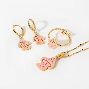 pink mushroom open rings pendant necklaces drop earrings sets for girl fashion enamel stainless steel gold plated jewelry women
