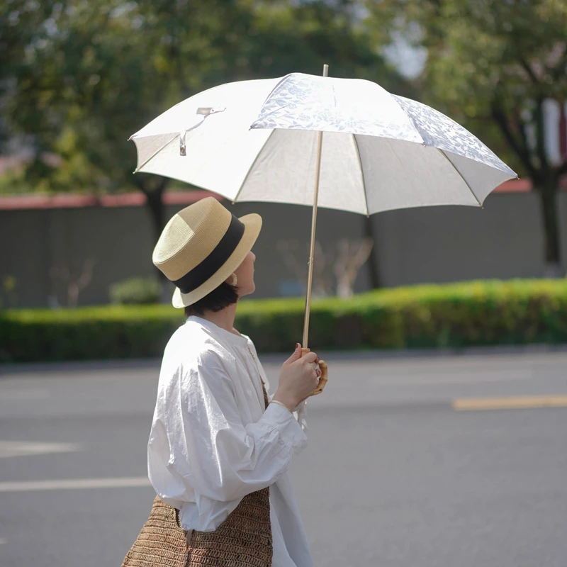 Manual Opening Vintage Style Old Fashion Japanese J Crook Shaped Bamboo Handle Straight Umbrella