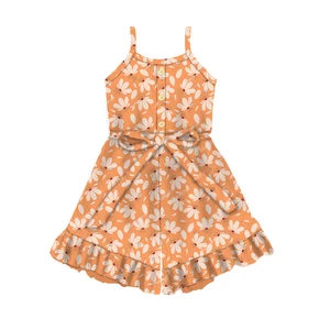 Stretchy Spandex & Cotton Infant Spaghetti Strap Floral Rompers with Button Front & Ruffled Hem for Daily Wear & Summer