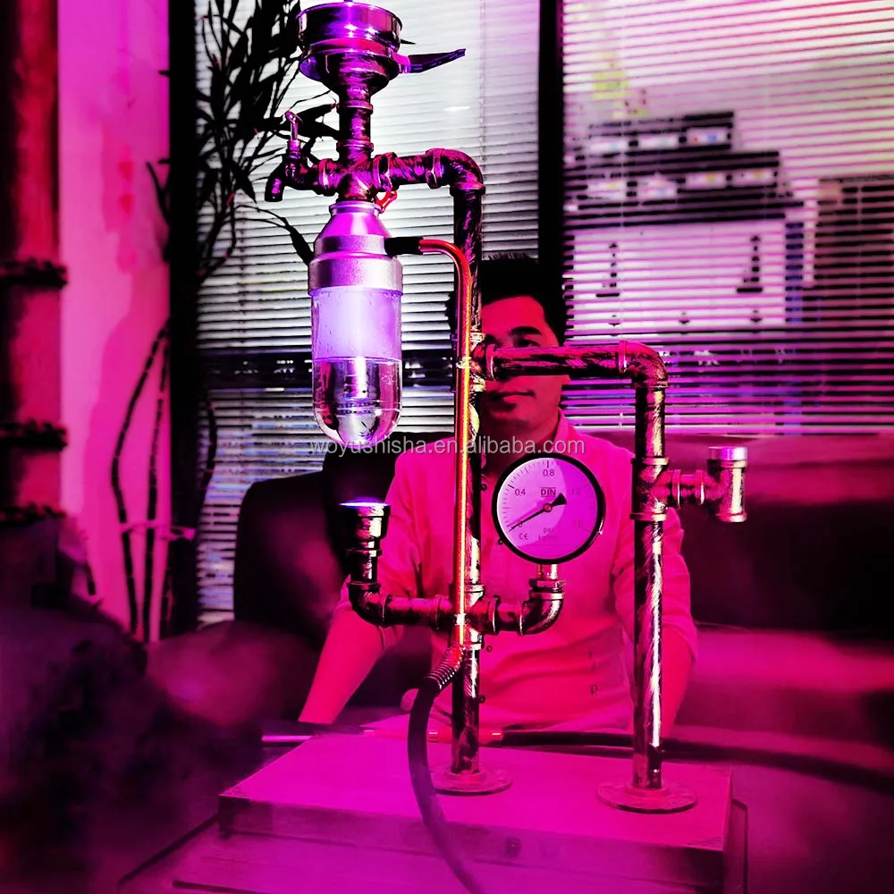 Custom Big Huka Sisa Metal Stem Shisha Kit Rechargeable Led Light Unique Design Bar Hookah