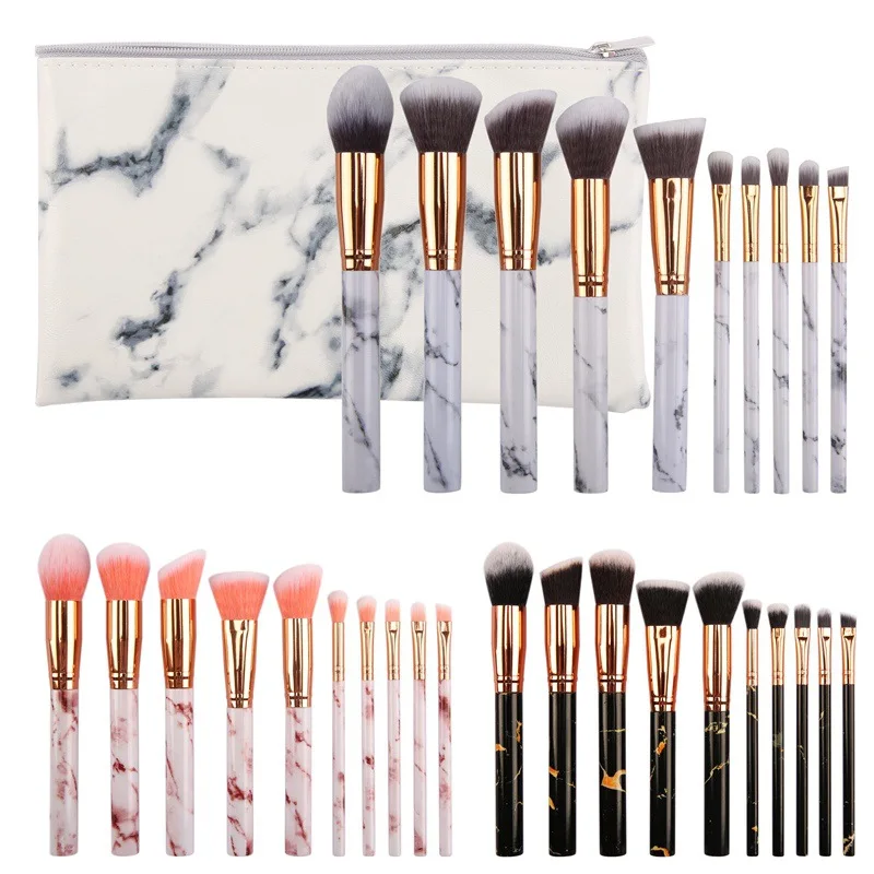 Hot sale marble makeup brush 10 makeup bag foundation brush blush contour makeup brush