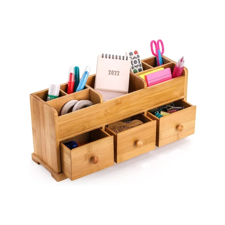 Бамбуковый Настольный органайзер с выдвижным ящиком, офисные принадлежности, настольные органайзеры для аксессуаров