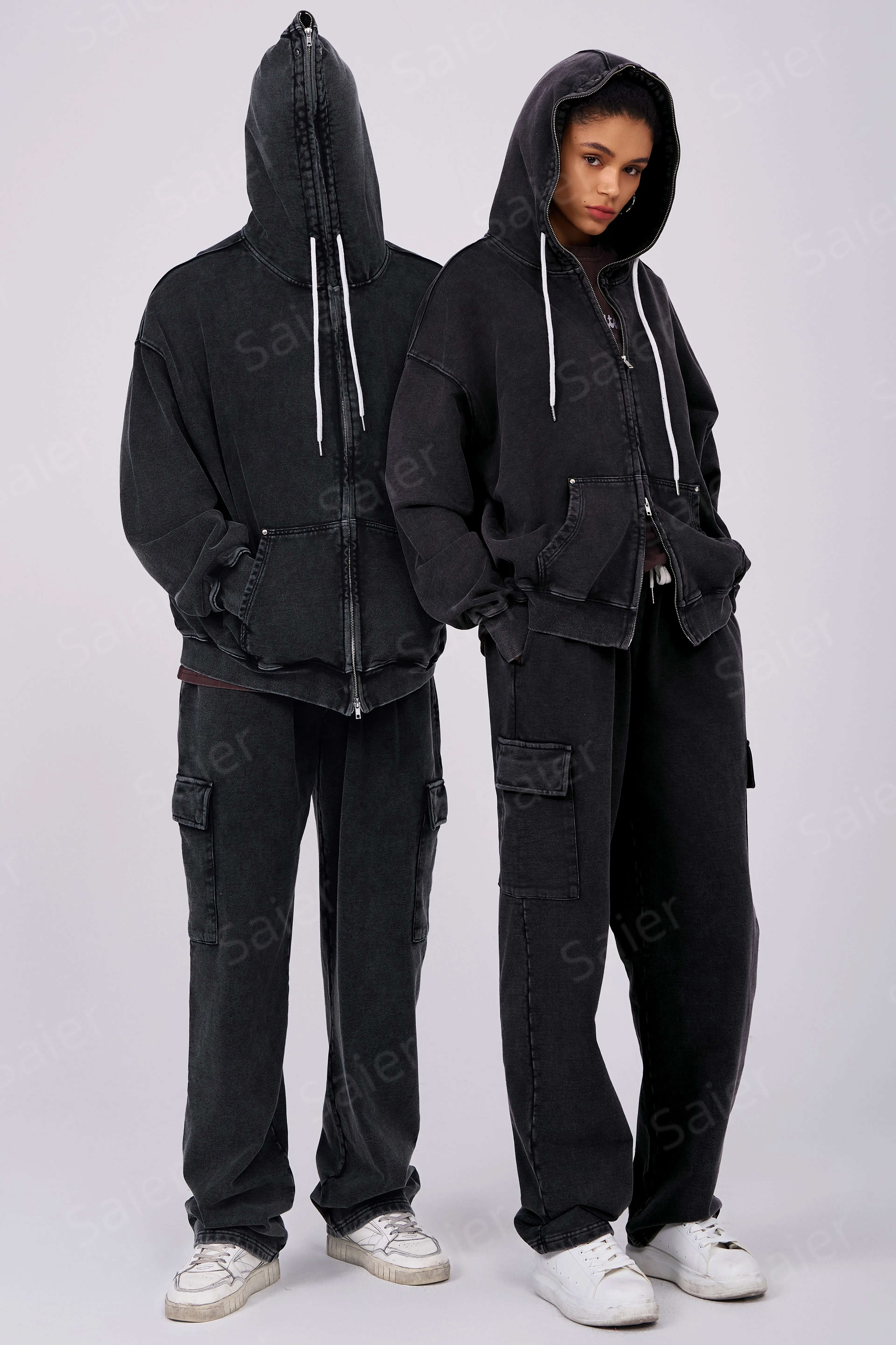 Washed Unisex Full Zip Tracksuit Set - 100% Cotton Hoodie & Cargo