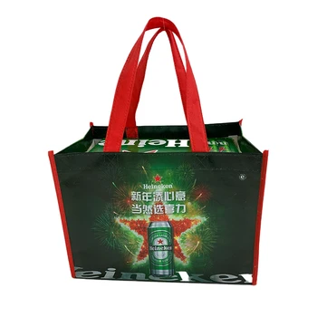 Wholesale Custom logo reusable promotional glossy laminated non woven carrier bottle wine tote bag