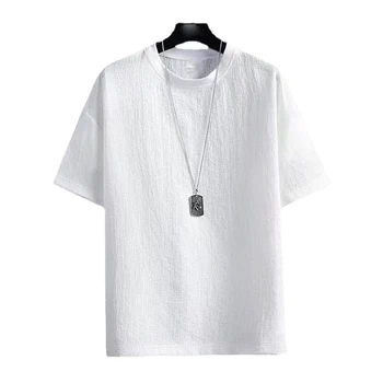 Linen short sleeve T-shirt men's new summer half sleeve shirt cotton linen solid color loose base shirt white