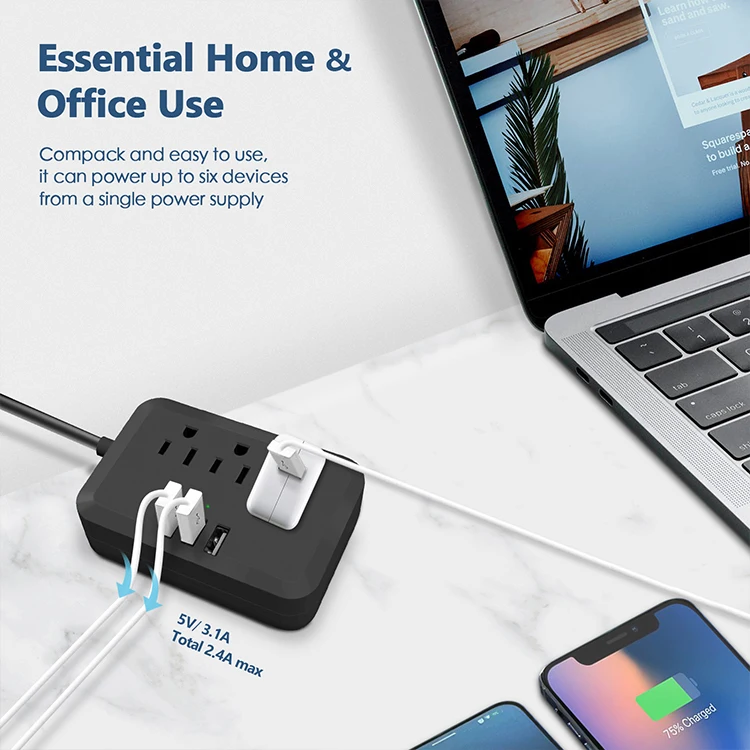 US Standard Golbalmany Power Strip With 3 USB and 3 AC outlet Charging Ports 5 ft Extension Cord power strip with usb