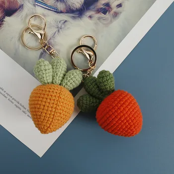 Exquisite Rabbit Carrot Hand-Knitted Crochet Ornament Plush Keychain with Light Handmade Bag Decorative Pendant