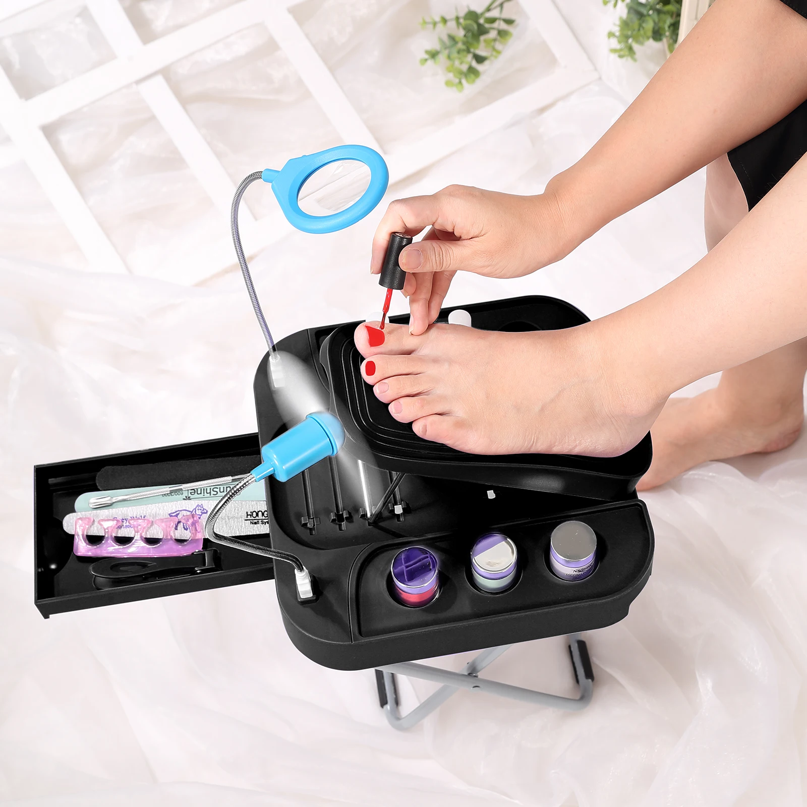 The Beauty Footrest for Easy At-Home Pedicures, No More Bending With LED Magnifier Fan Non-Slip Sturdy Legs & Built-in Storage