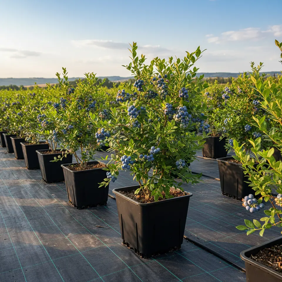 Professional grade 30L square blueberry container showing advanced drainage and root zone management system for commercial berry production